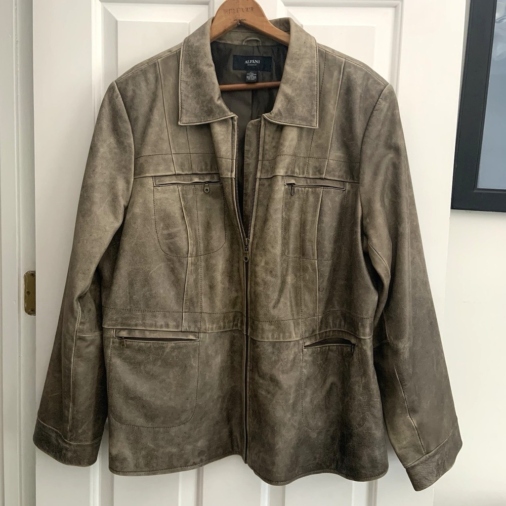 Alfani Distressed Look Brown Leather  Zip Jacket Womens 3X Plus Genuine Leather